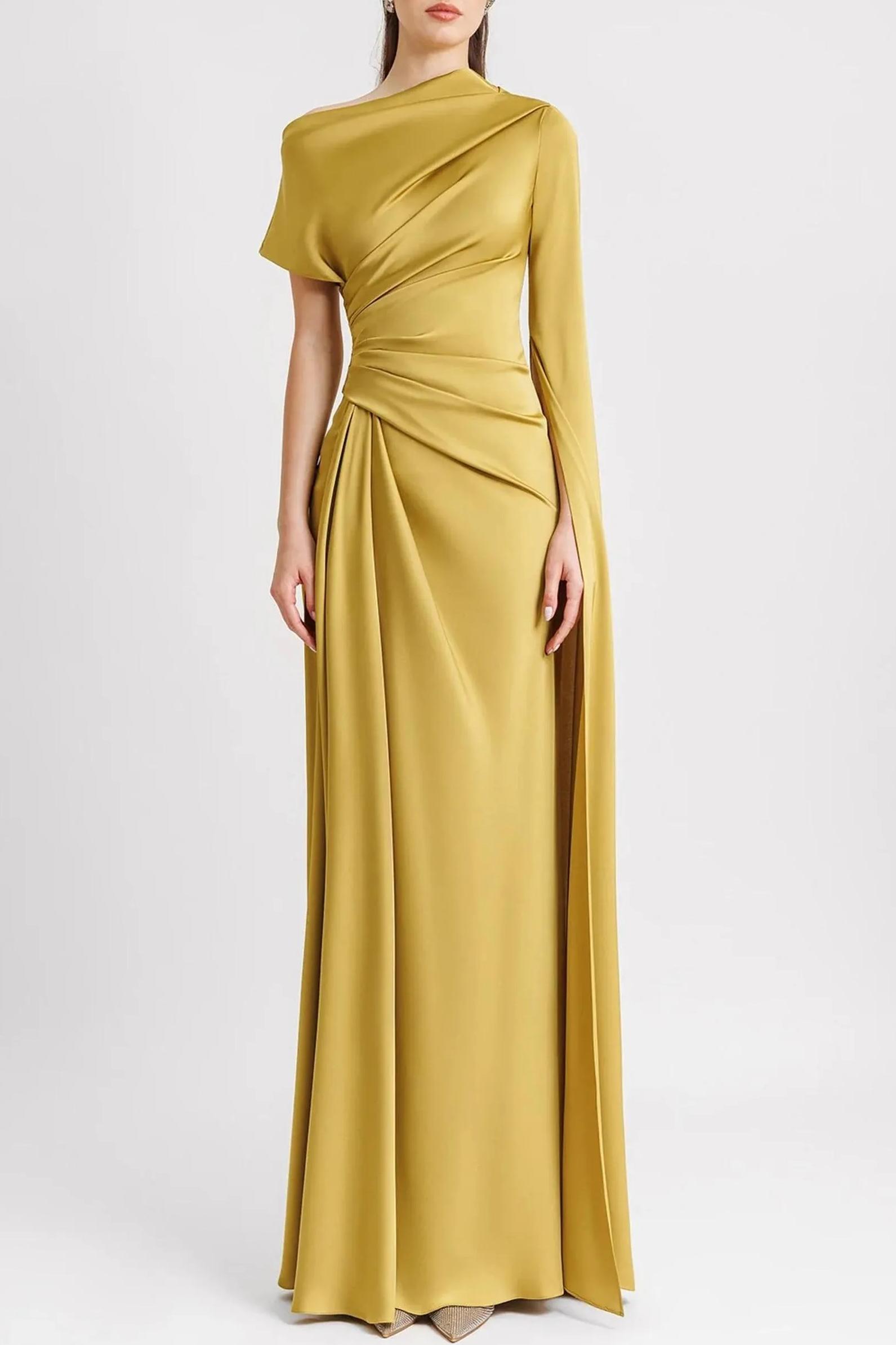 Satin Asymmetrical Neckline Draped Maxi Dress