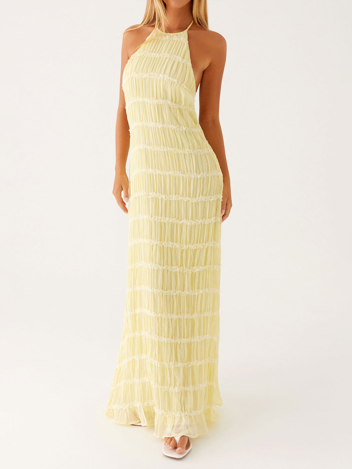 Ivory Backless Sleeveless Halter Neck Maxi Dress