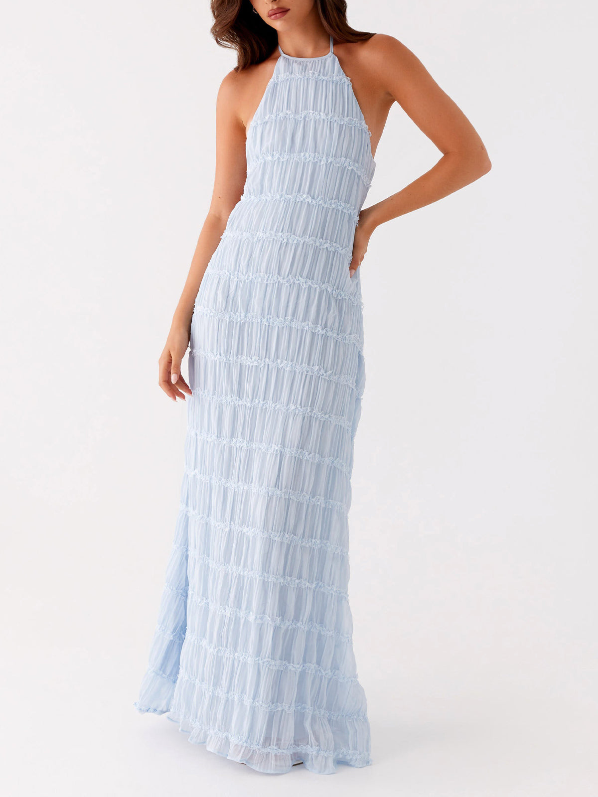 Ivory Backless Sleeveless Halter Neck Maxi Dress