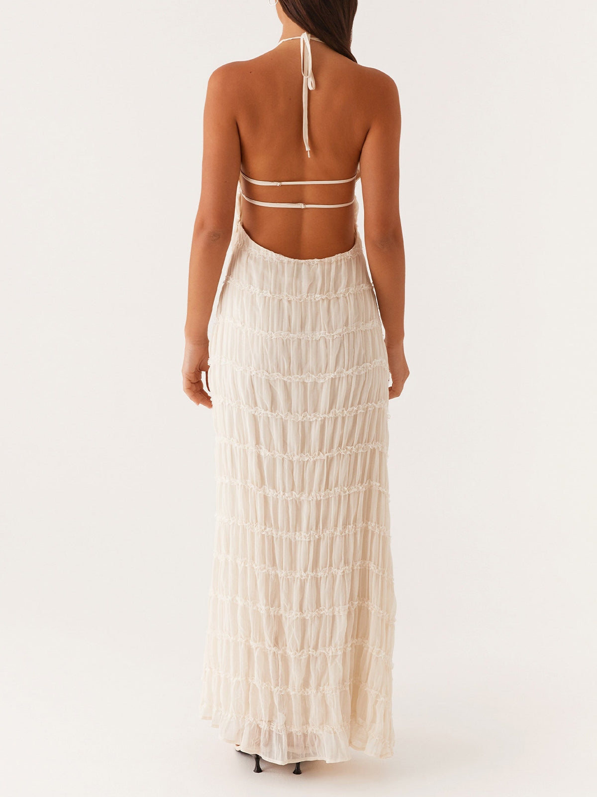 Ivory Backless Sleeveless Halter Neck Maxi Dress