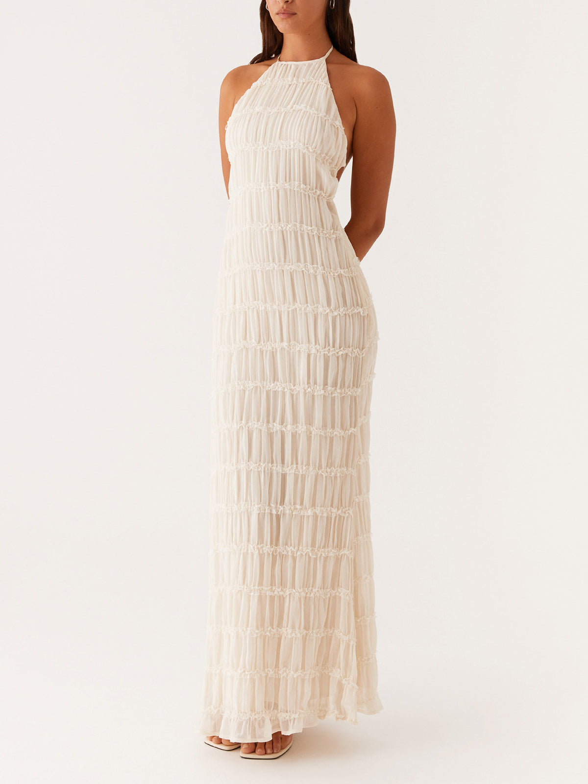 Ivory Backless Sleeveless Halter Neck Maxi Dress