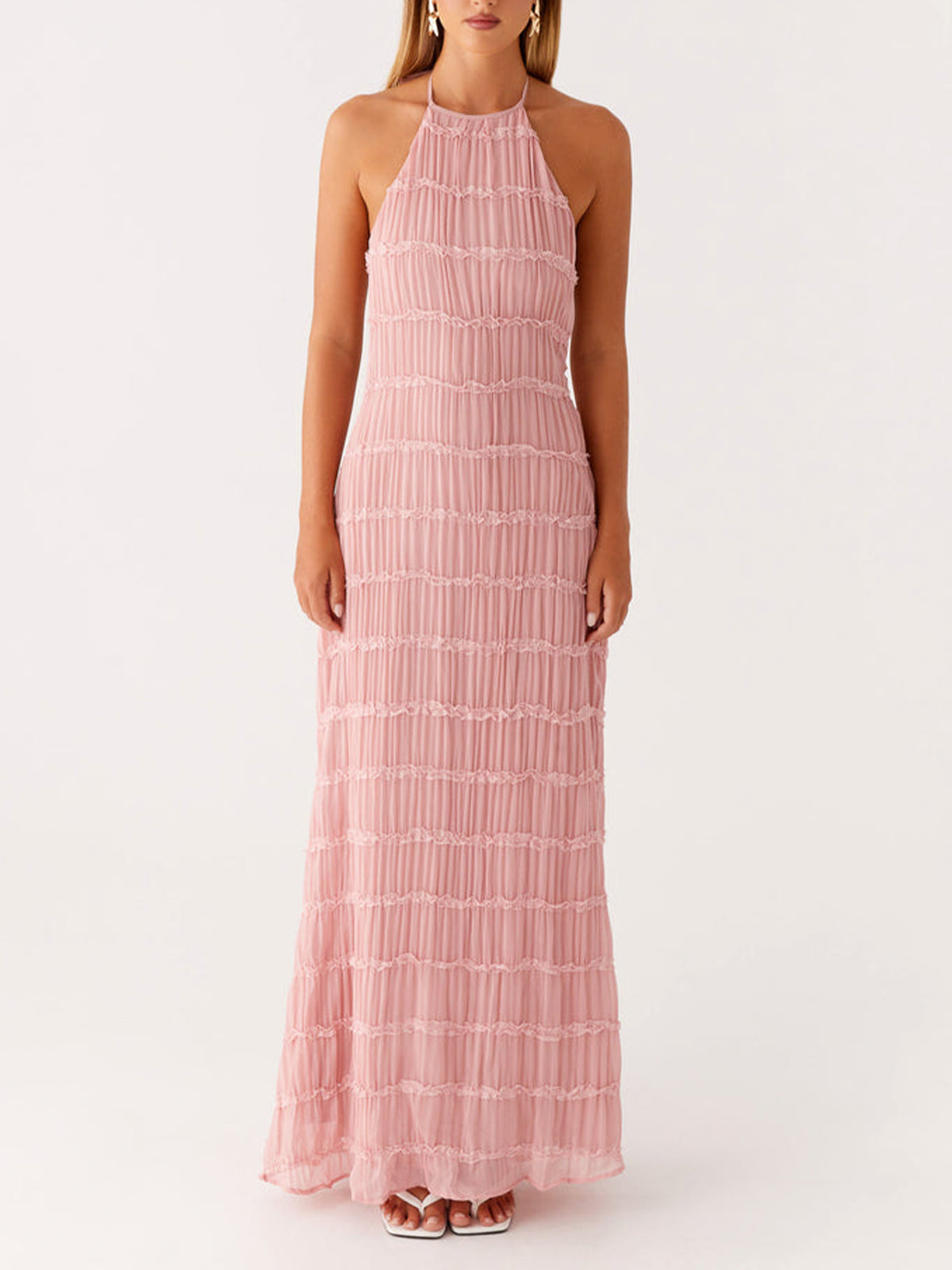 Ivory Backless Sleeveless Halter Neck Maxi Dress