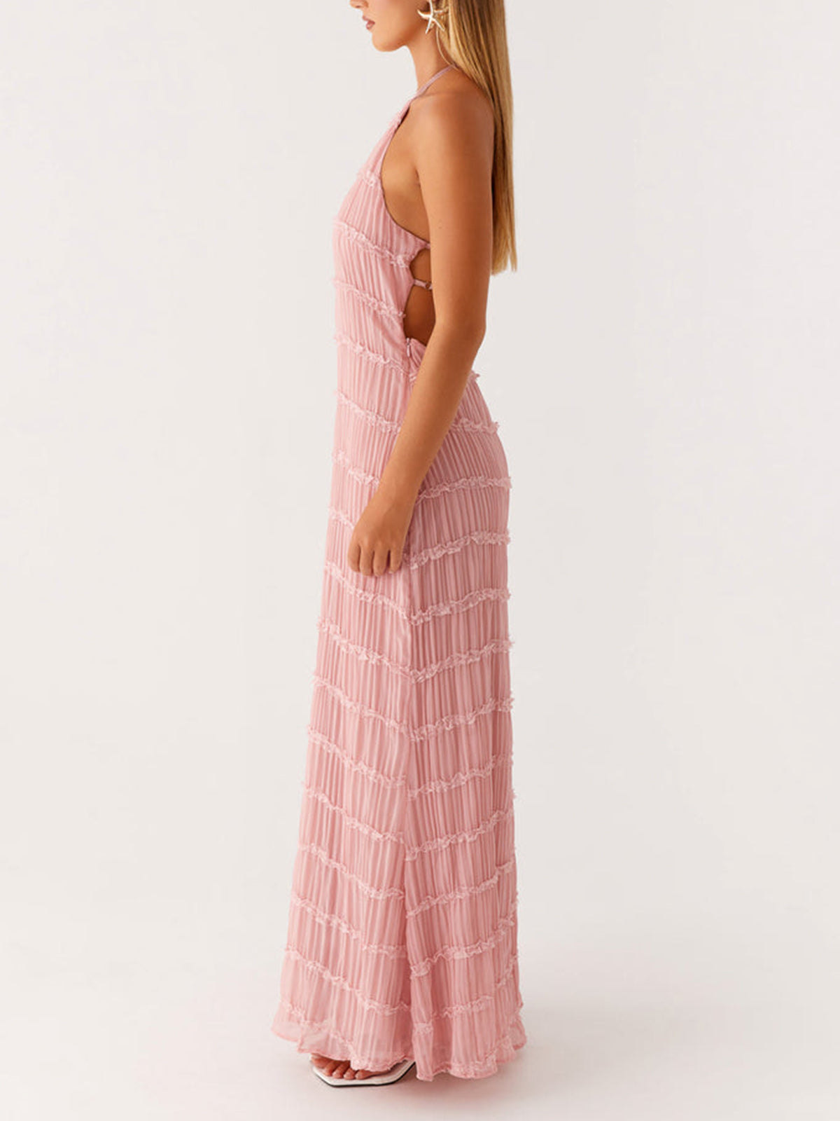 Ivory Backless Sleeveless Halter Neck Maxi Dress