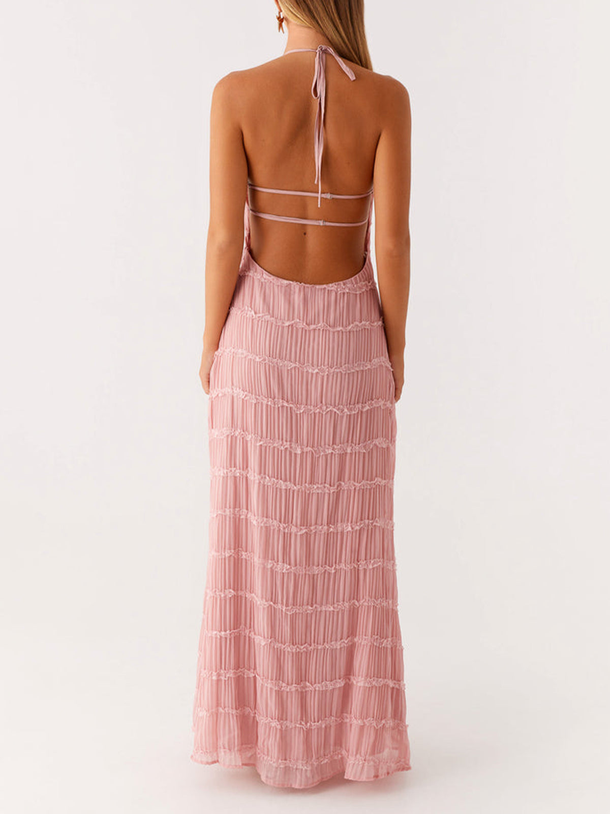 Ivory Backless Sleeveless Halter Neck Maxi Dress