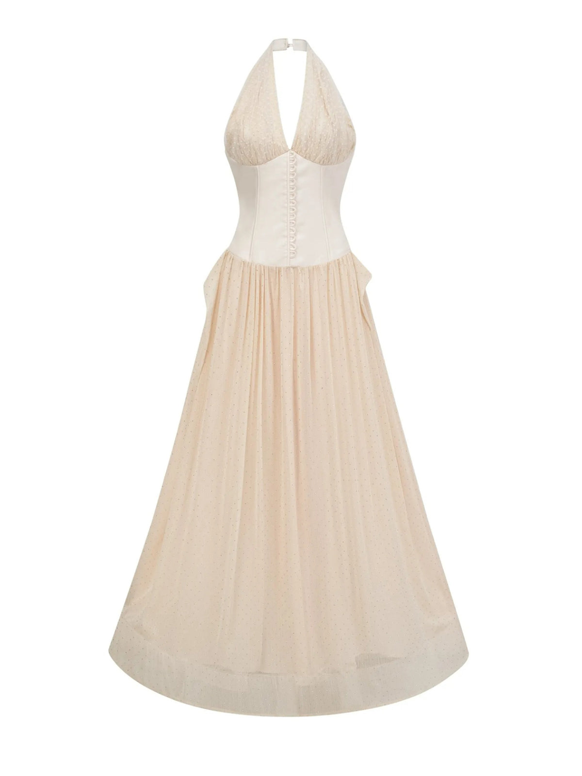 White Halterneck Tulle Overlay Maxi Dress