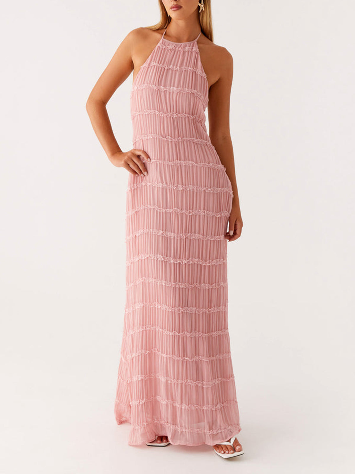 Ivory Backless Sleeveless Halter Neck Maxi Dress