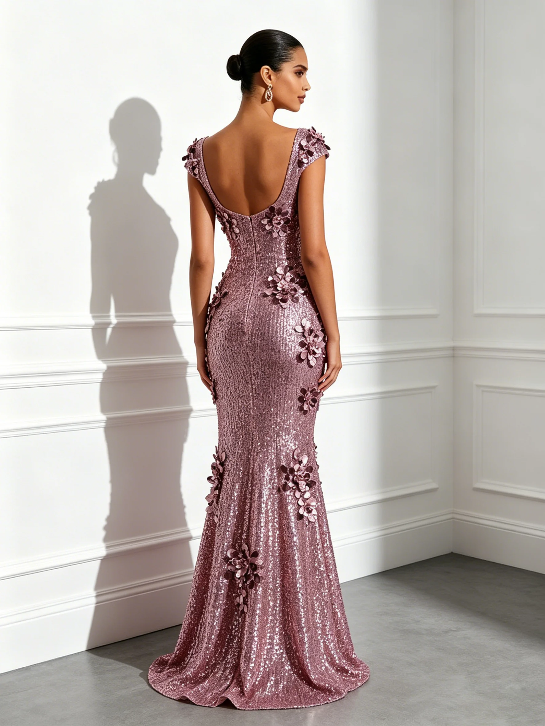 Pink 3D Floral Sequin Sweetheart Neckline Short Sleeve Mermaid Floor-length Gown Dress