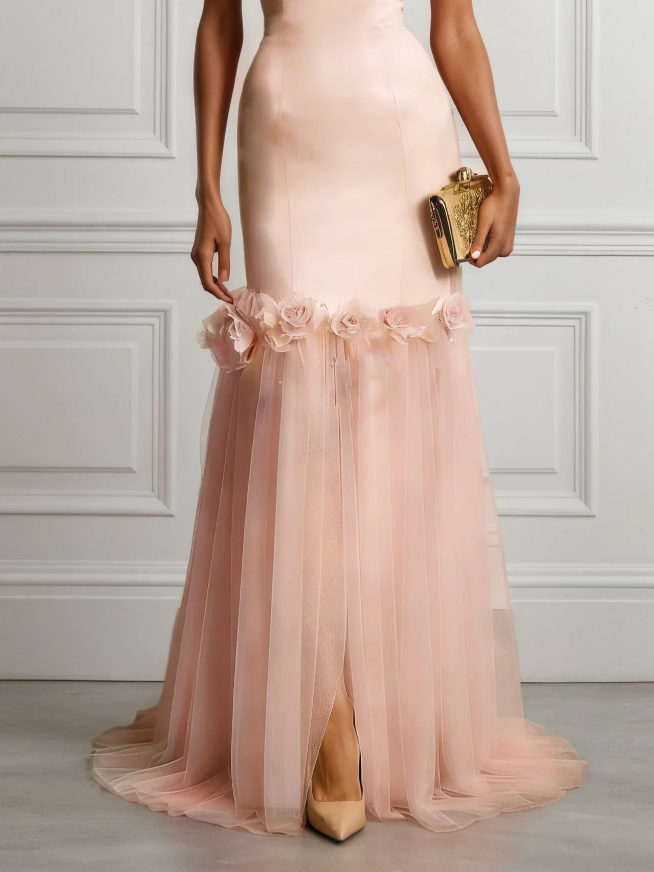 Pink Split Joint Mesh 3D Floral Satin One Shoulder Sleeveless Sheath Maxi Dress