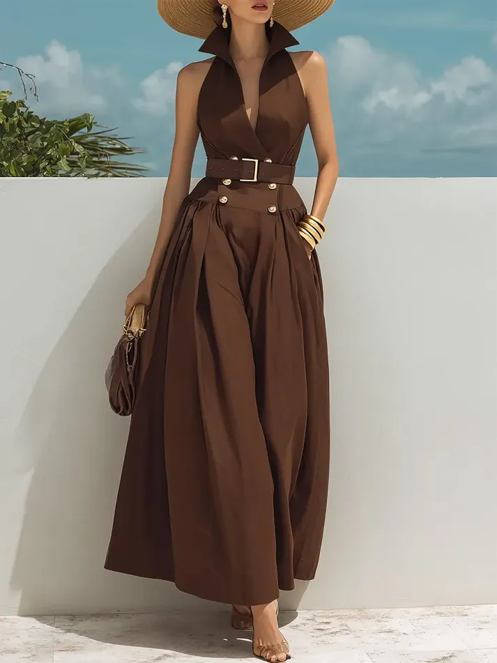 Maxi Cotton Dress, Sleeveless, V Neck, Plain, Belt Design, Vintage, Brown