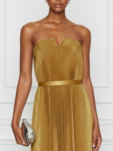 Golden Pleated Satin Strapless Sleeveless Shift Maxi Dress