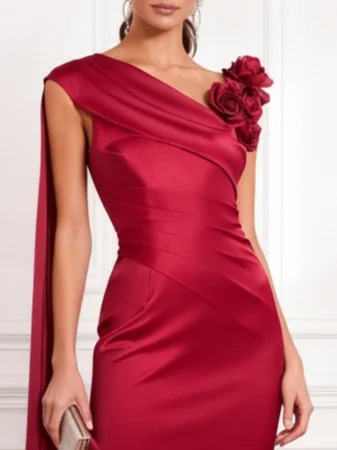 Wine Red 3D Floral Ruched Satin Asymmetrical Sleeveless Sheath Midi Dress