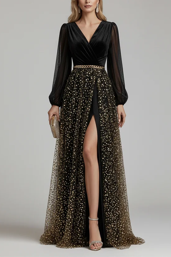 Black Velvet Chiffon Splicing Maxi Dress