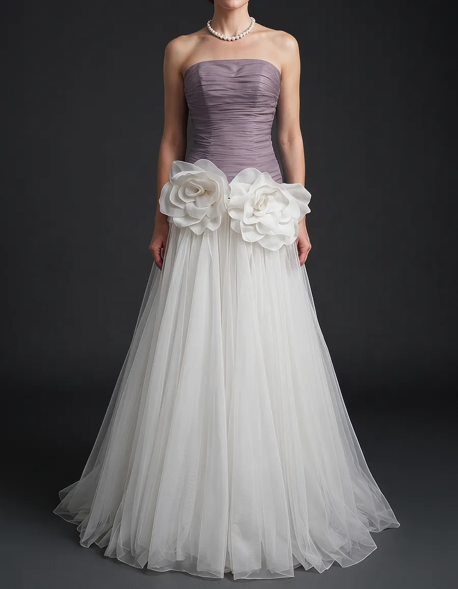 Chiffon Strapless Mesh 3D Floral Cinched Waist Maxi Dress