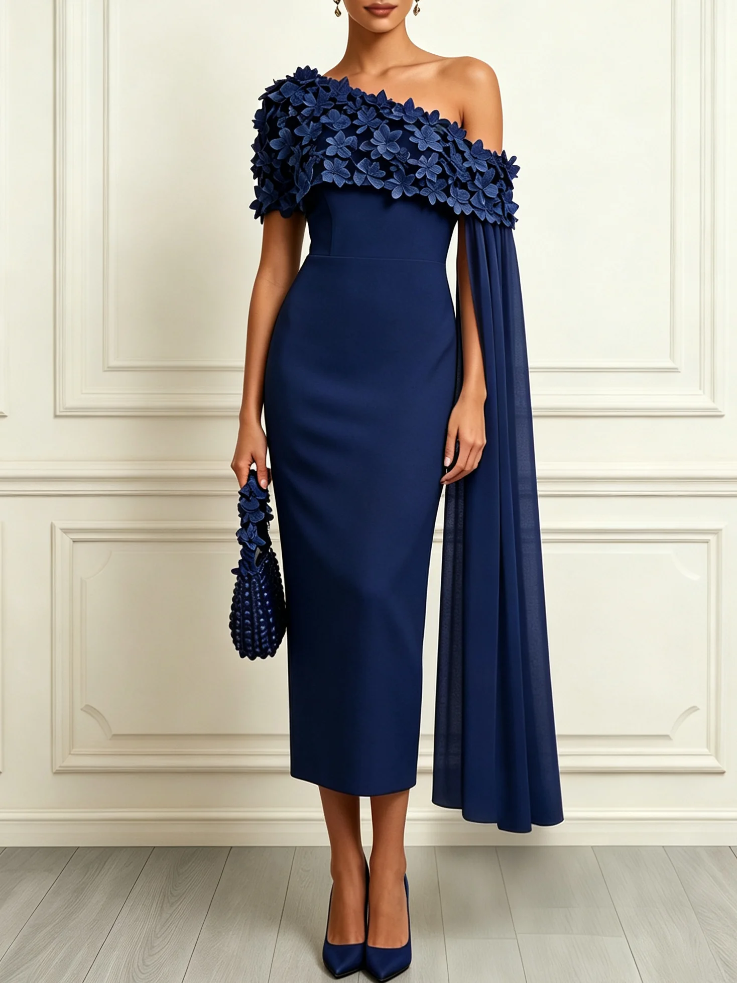 Navy Blue 3D Floral Classic Asymmetrical Short Sleeve Sheath Midi Dress