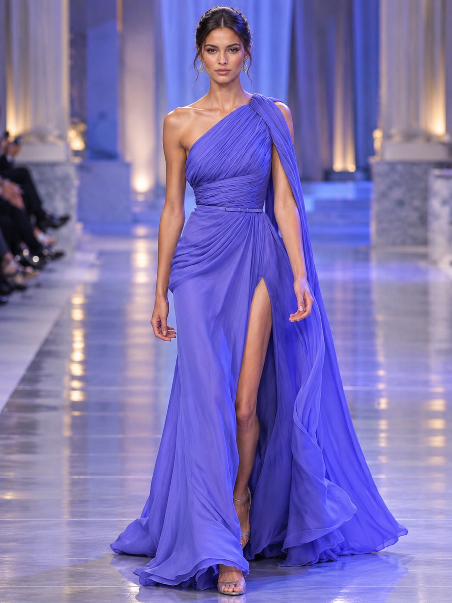 Violet One Shoulder Chiffon Evening Gown with High Slit & Draped Cape