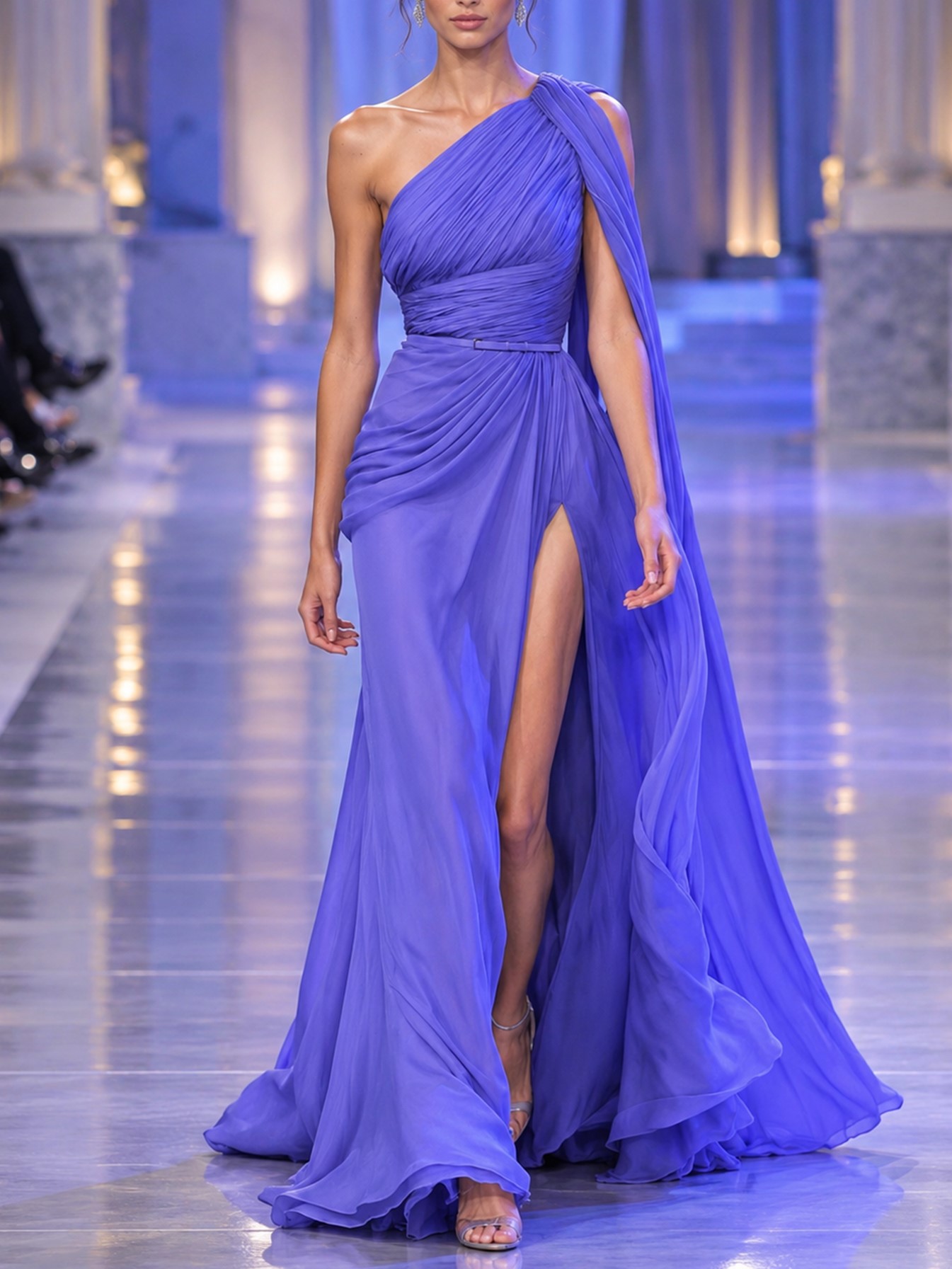 Violet One Shoulder Chiffon Evening Gown with High Slit & Draped Cape