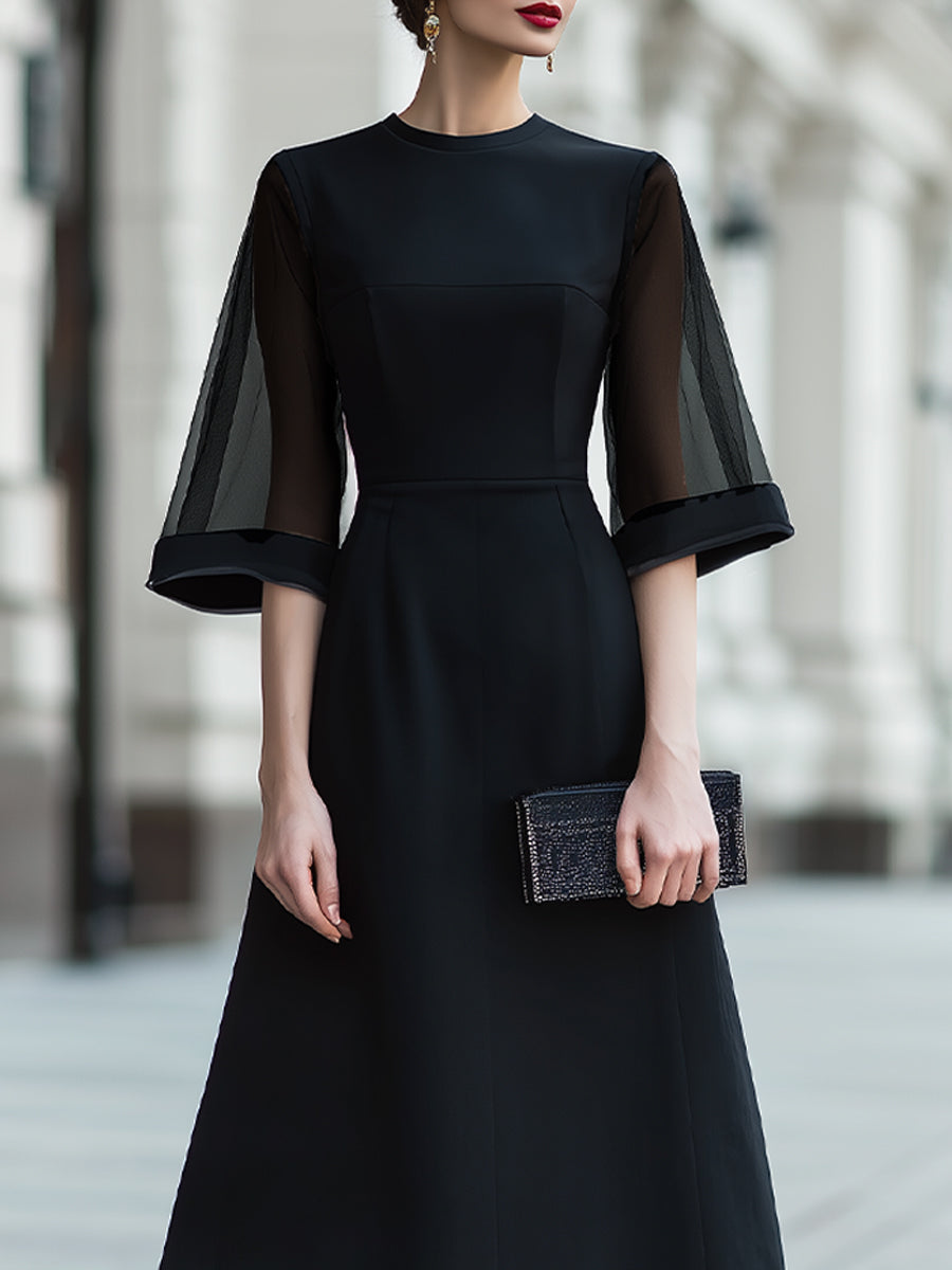 Black Sheer Sleeve Midi Dress With Structured Waist