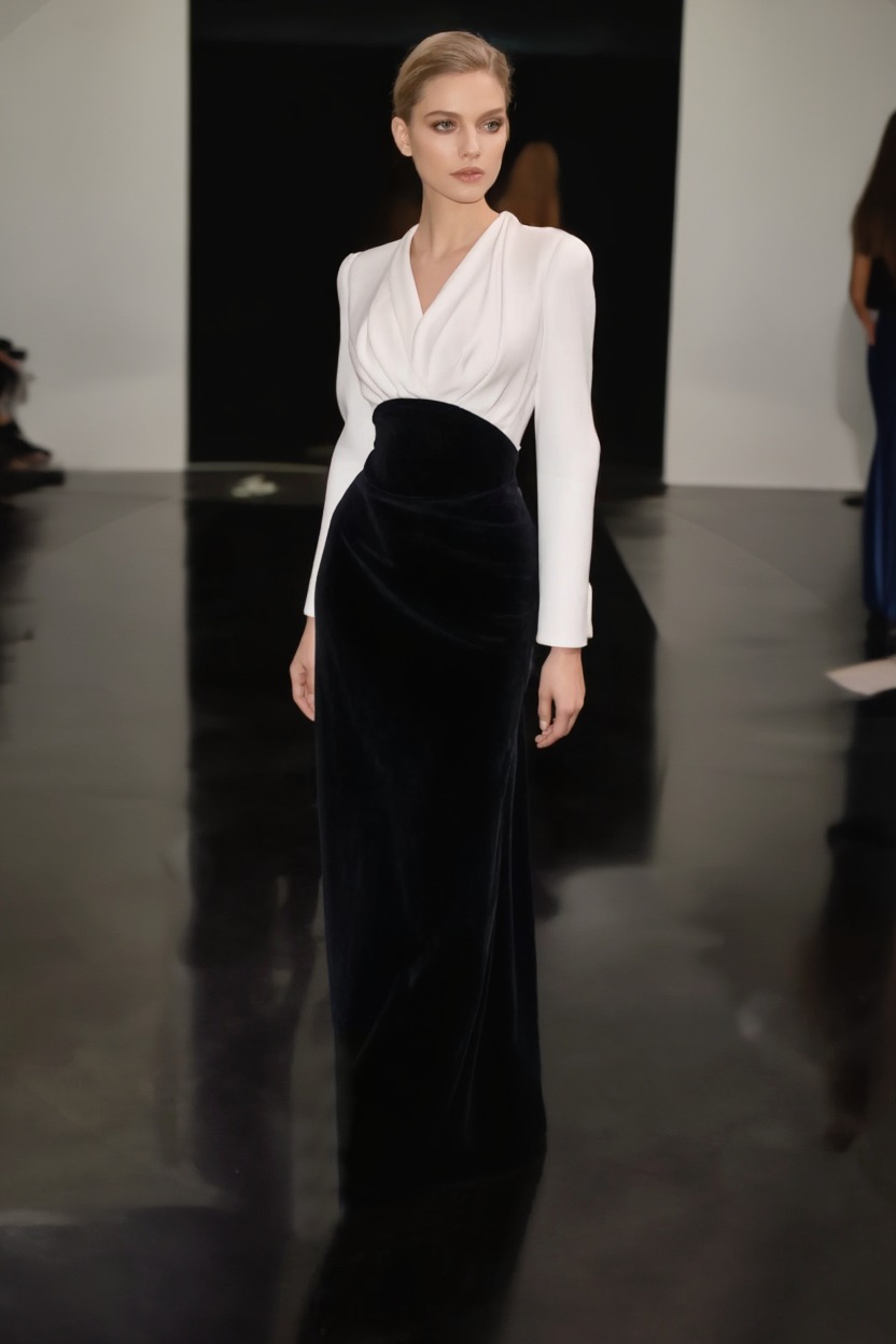 Formal Evening Dress Black White V Neck Maxi Velvet Dress