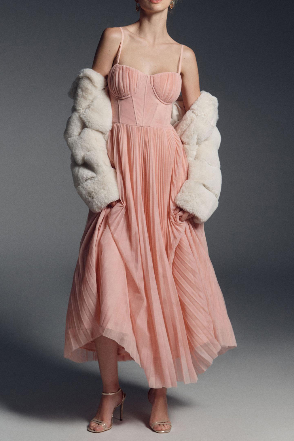 Corset Pleated Tulle Fit & Flare Midi Dress