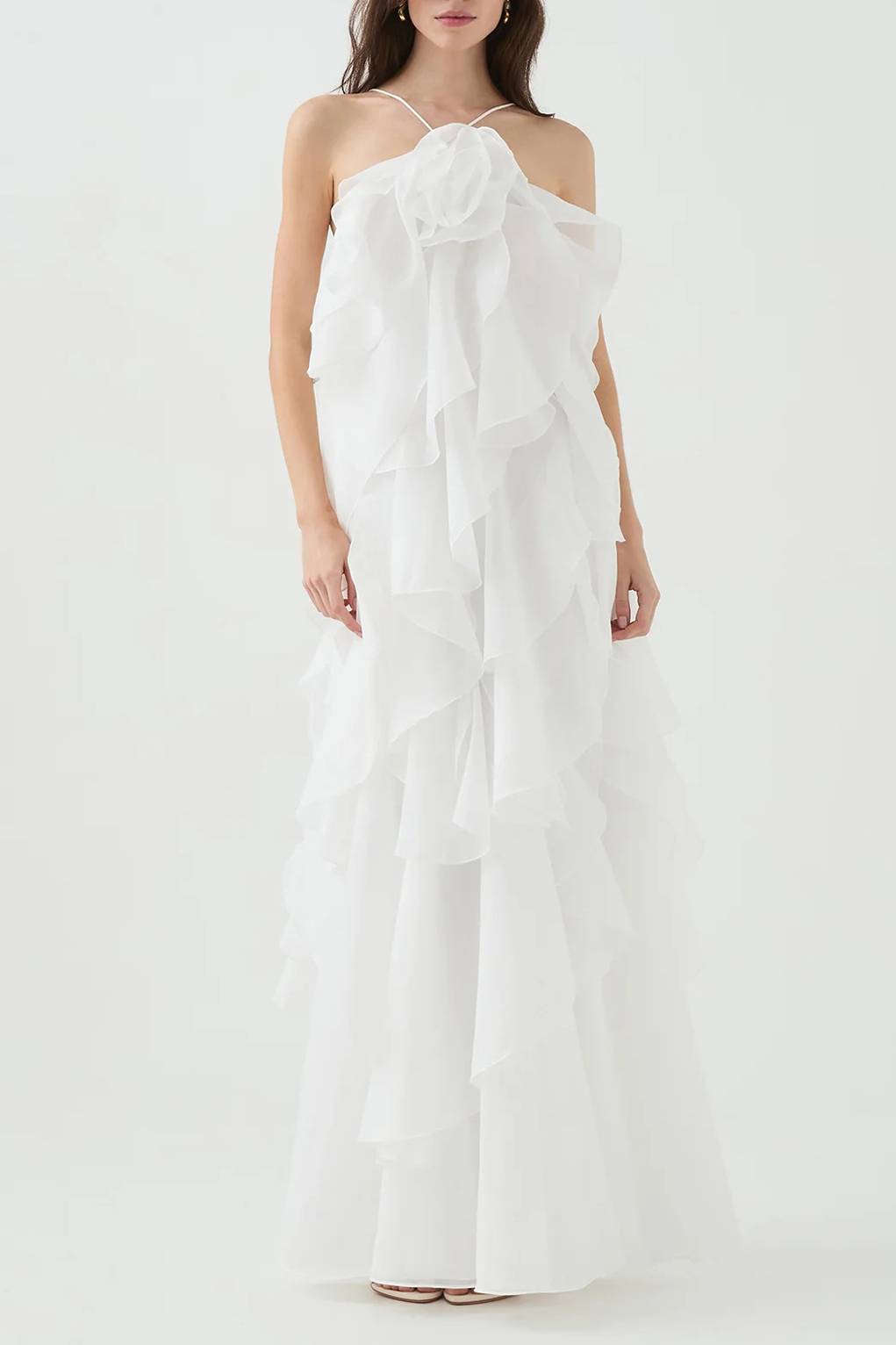 3D Flower Halter Neck Frill Maxi Dress