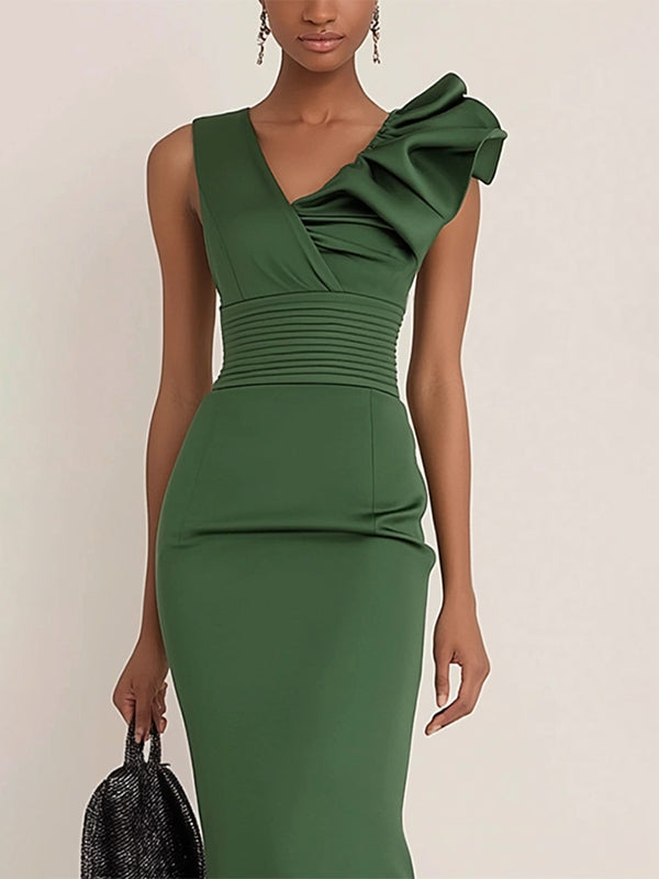 Work Semi-Formal Dress Green Sleeveless Ruffle Fitted Midi Dress