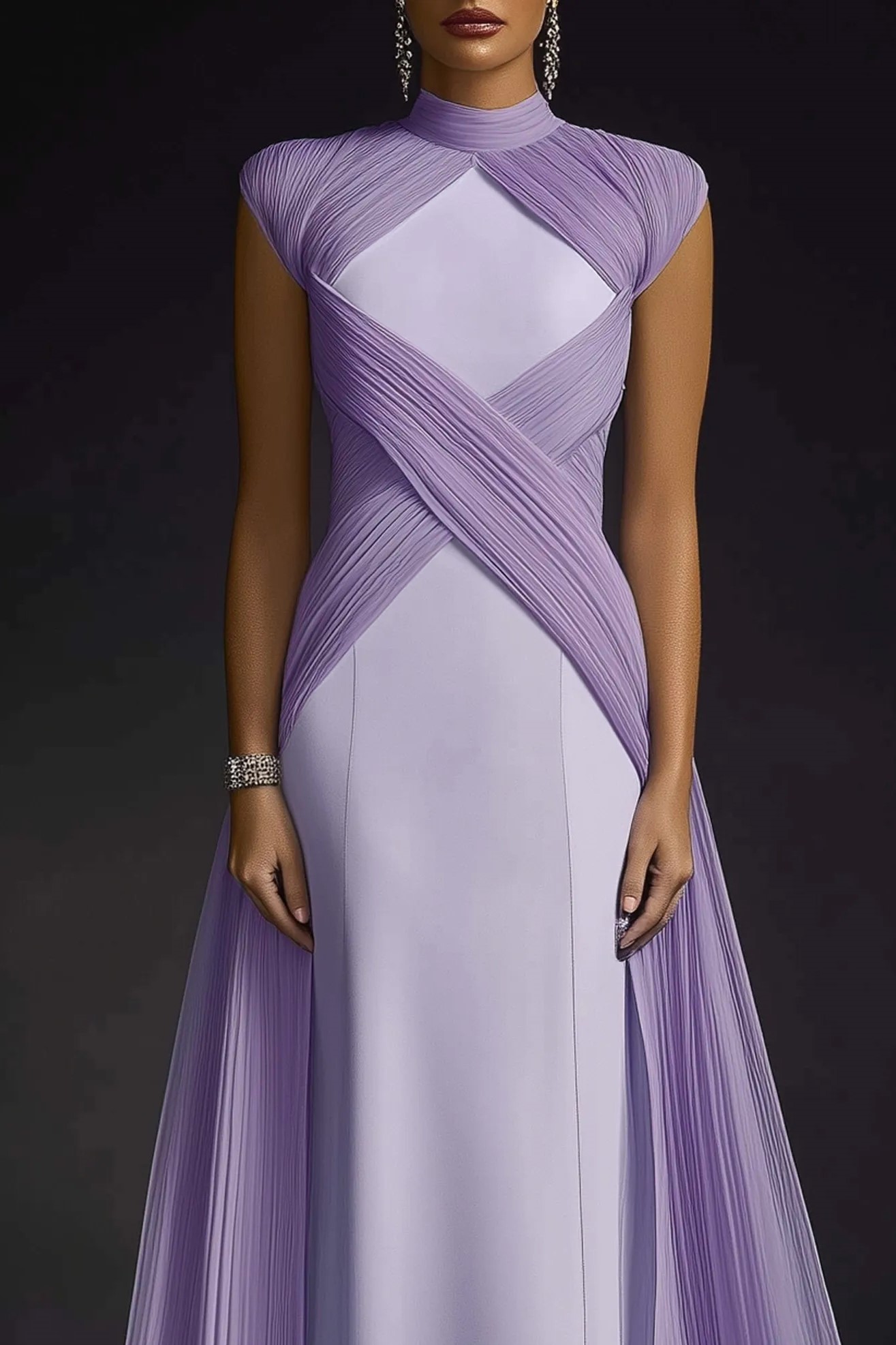 Formal Evening Dress Purple Stand Collar Pleated Train Maxi Gown