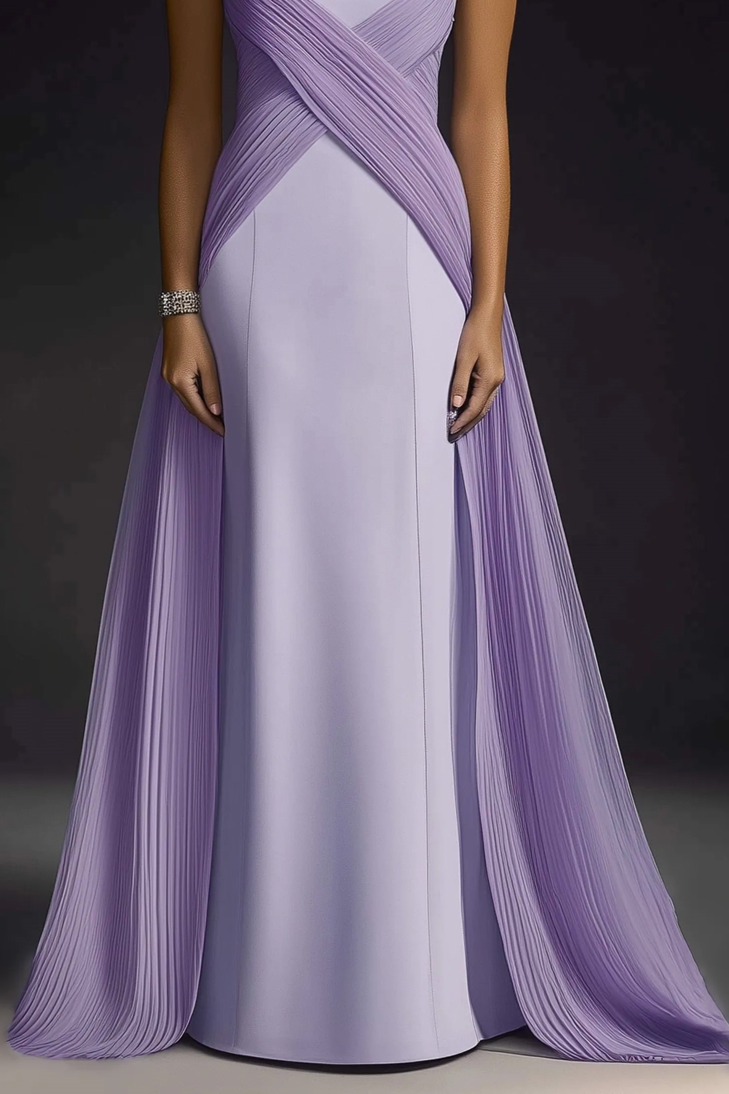 Formal Evening Dress Purple Stand Collar Pleated Train Maxi Gown