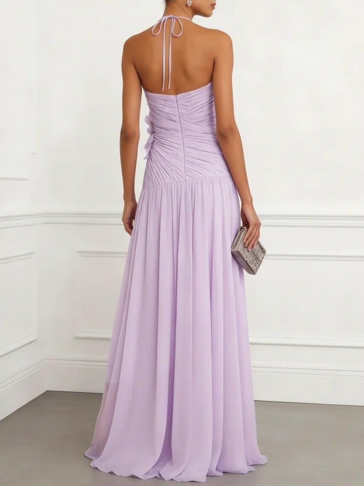 Lavender 3D Floral Ruched Chiffon Halter Sleeveless A-Line Maxi Dress