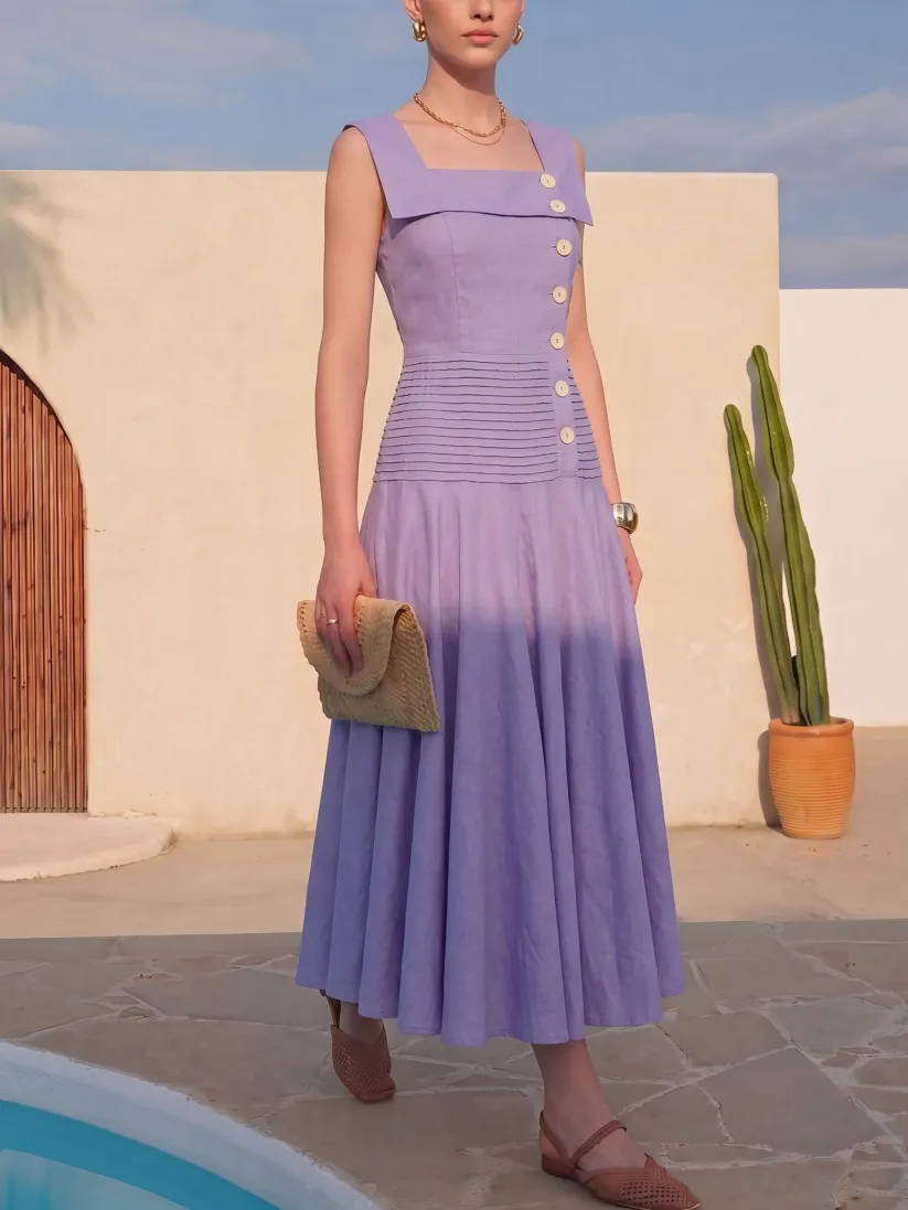 Maxi Linen Dress, Sleeveless, Square Neck, Button Design, French Vintage, Purple