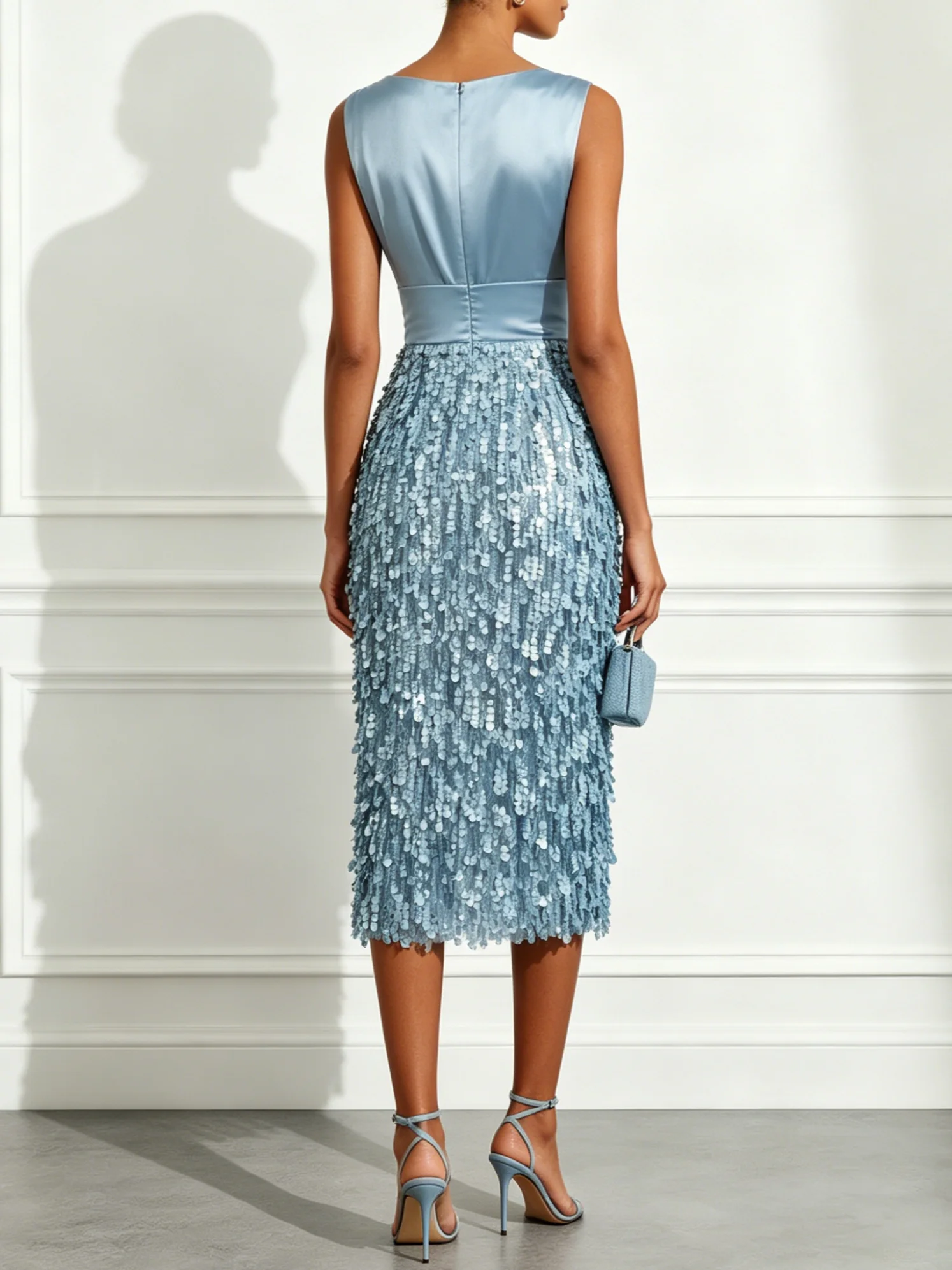 Light Blue Sequin V Neck Sleeveless Sheath Midi Dress