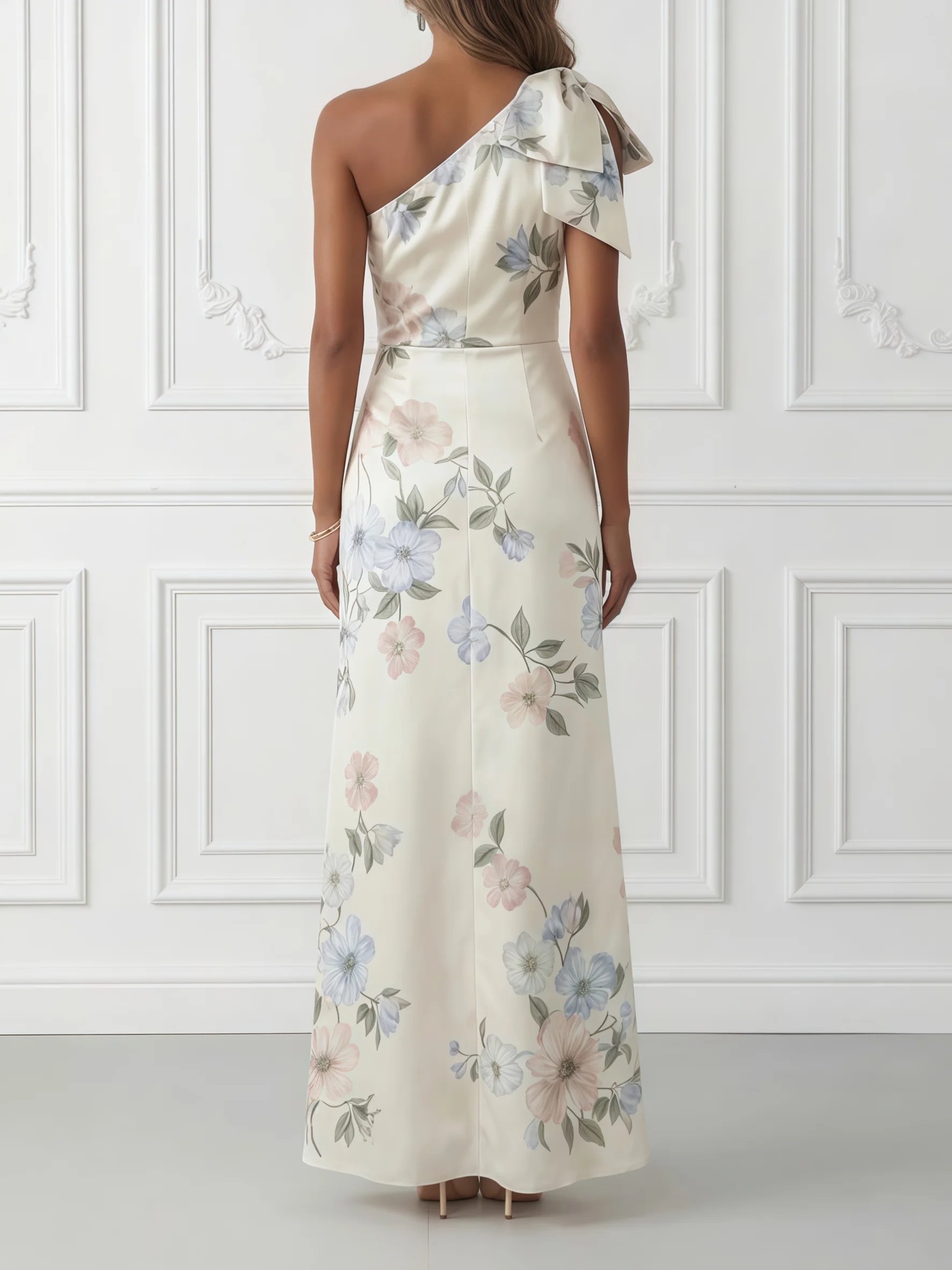 White Floral Bow Satin One Shoulder Sleeveless A-Line Maxi Dress