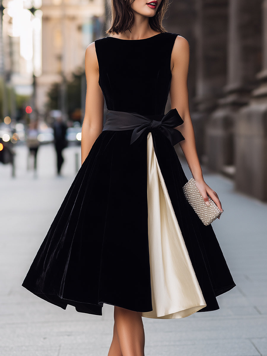 Sleeveless Fit-and-Flare Midi Dress With Contrast Panel And Waist Bow