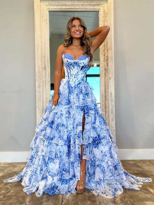 Pink A-Line Strapless Sweetheart Print Tiered Tulle Long Prom Dress with Slit