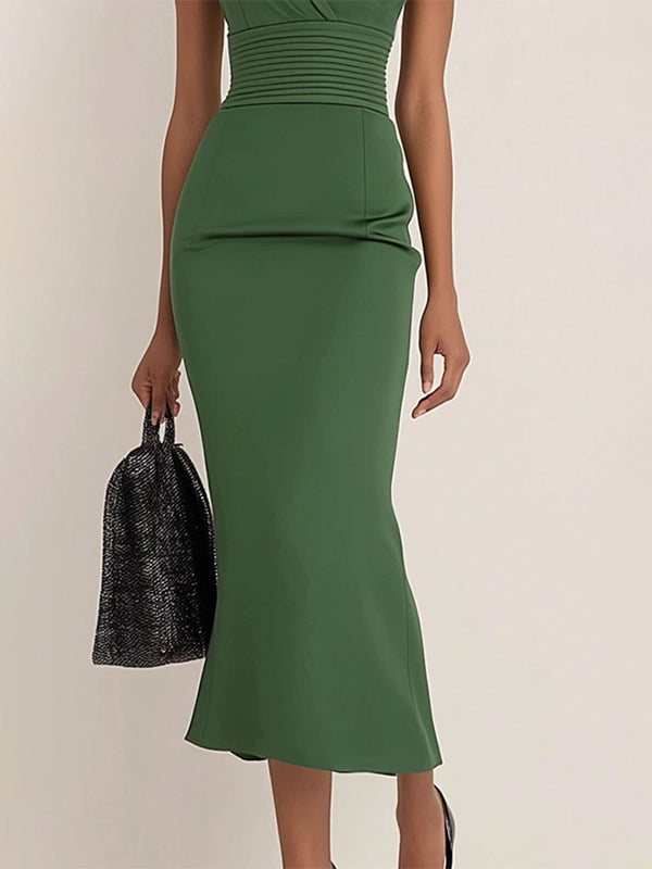 Work Semi-Formal Dress Green Sleeveless Ruffle Fitted Midi Dress