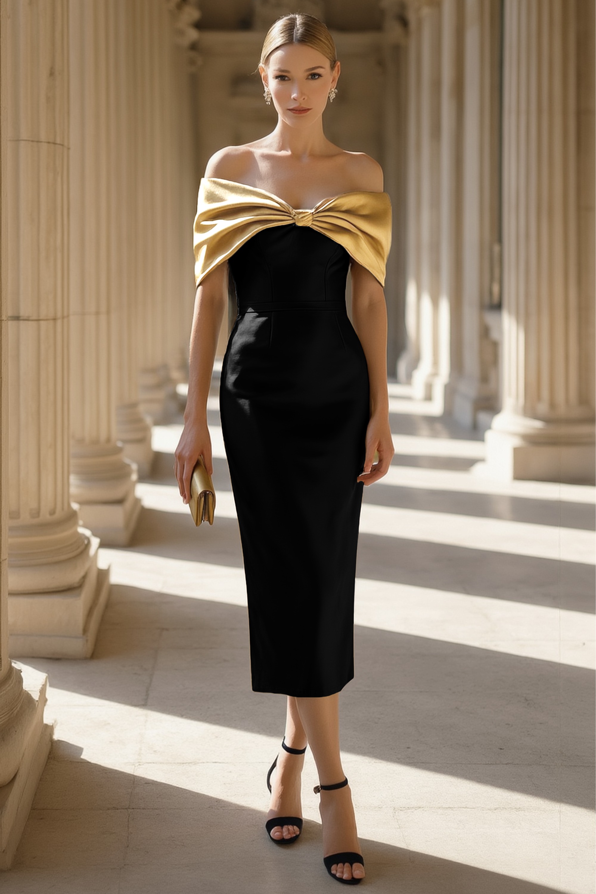 ​Semi-Formal Party Dress​ Gold Black Off-The-Shoulder Bow Midi Dress