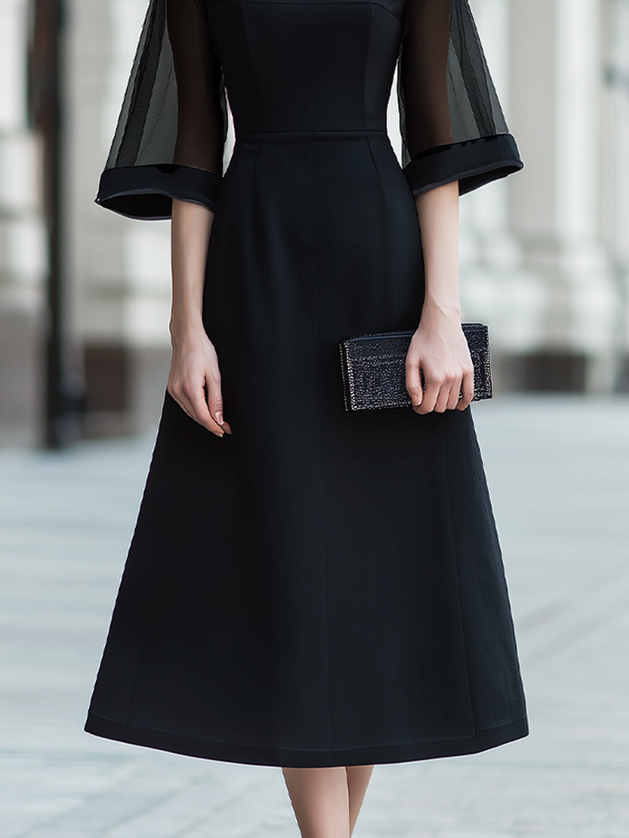 Black Sheer Sleeve Midi Dress With Structured Waist