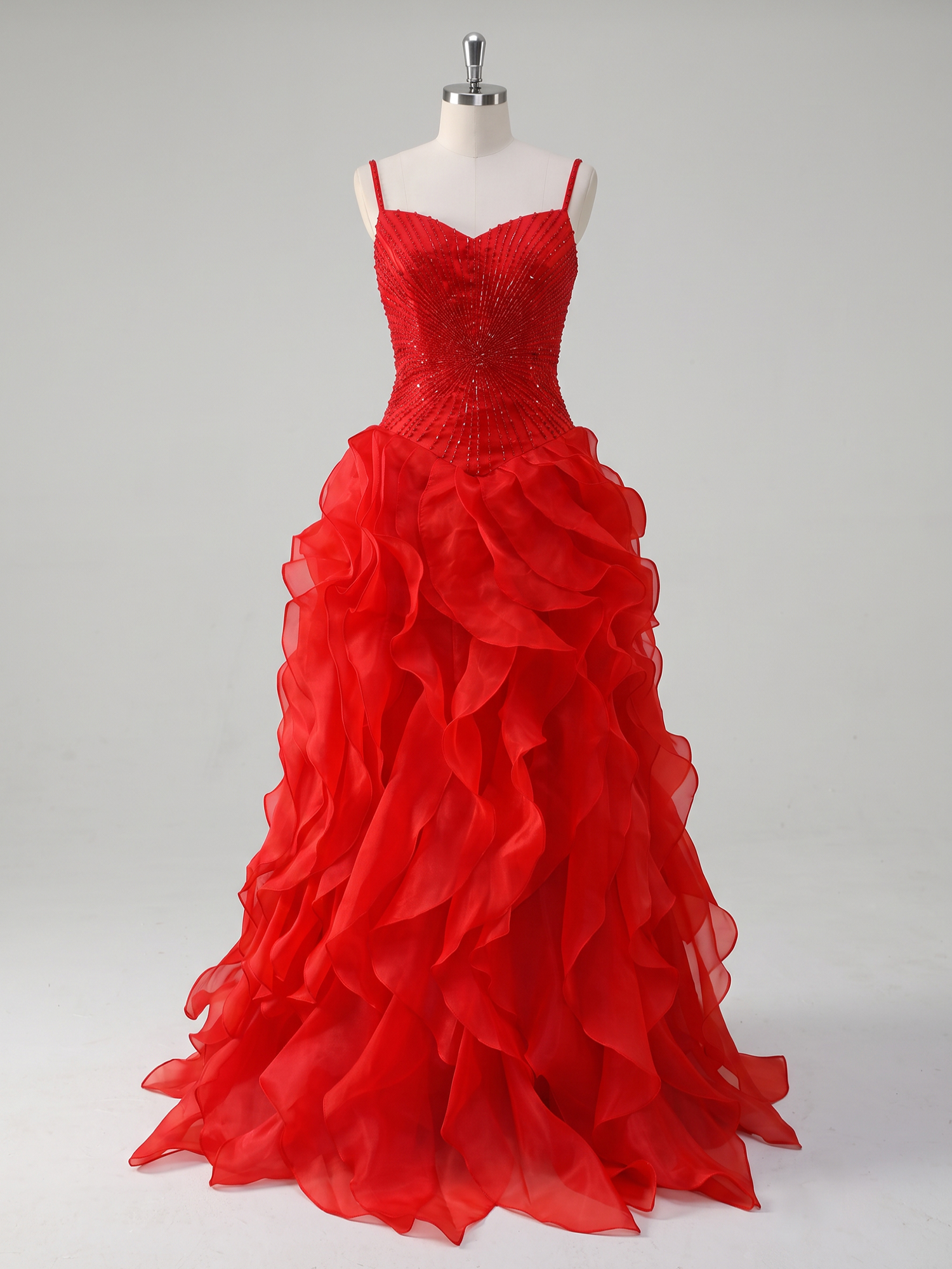 Spaghetti Straps Pleated Luxurious Maxi Evening Dresses with Beadings
