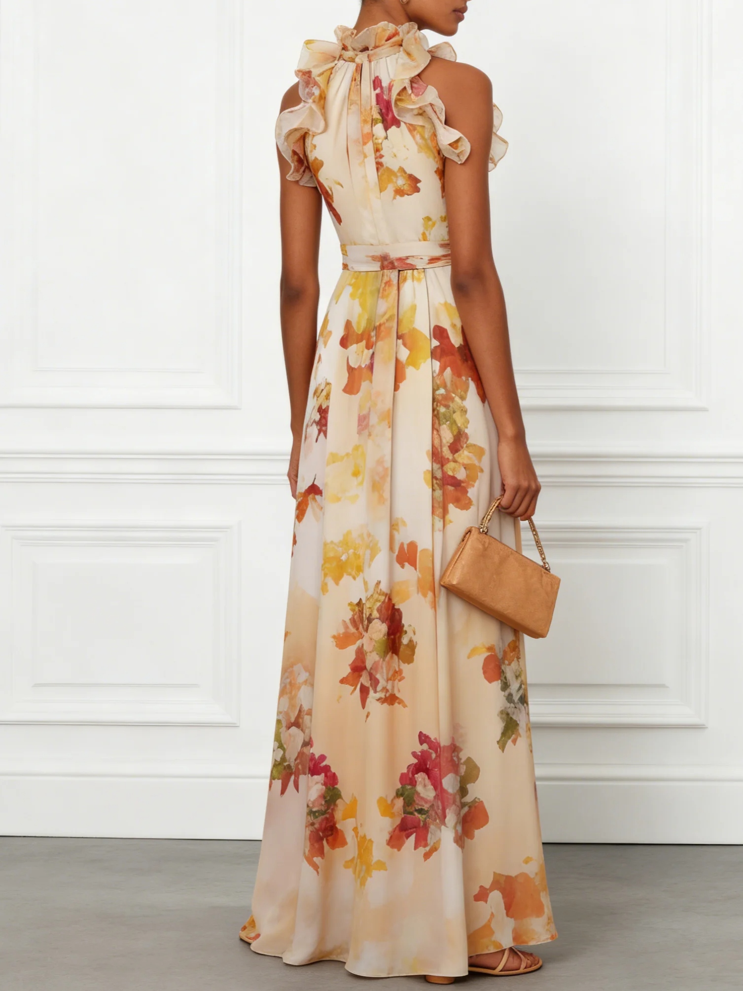 Light Orange Floral Ruffled Chiffon Mock Neck Sleeveless A-Line Maxi Dress