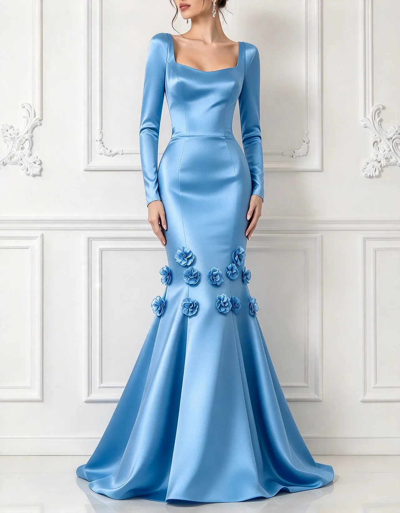 Square Neck Long Sleeve Satin 3D Flowers Mermaid Maxi Dress
