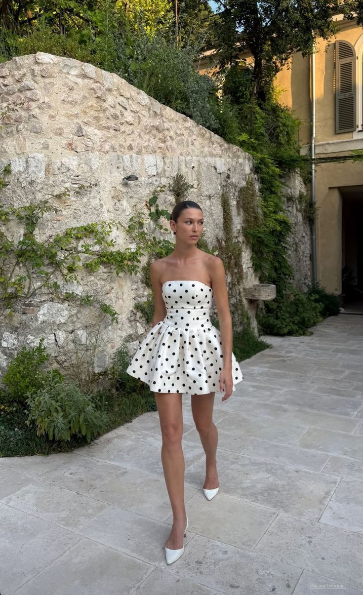 White Strapless Polka Dot Fit-and-Flare Mini Dress
