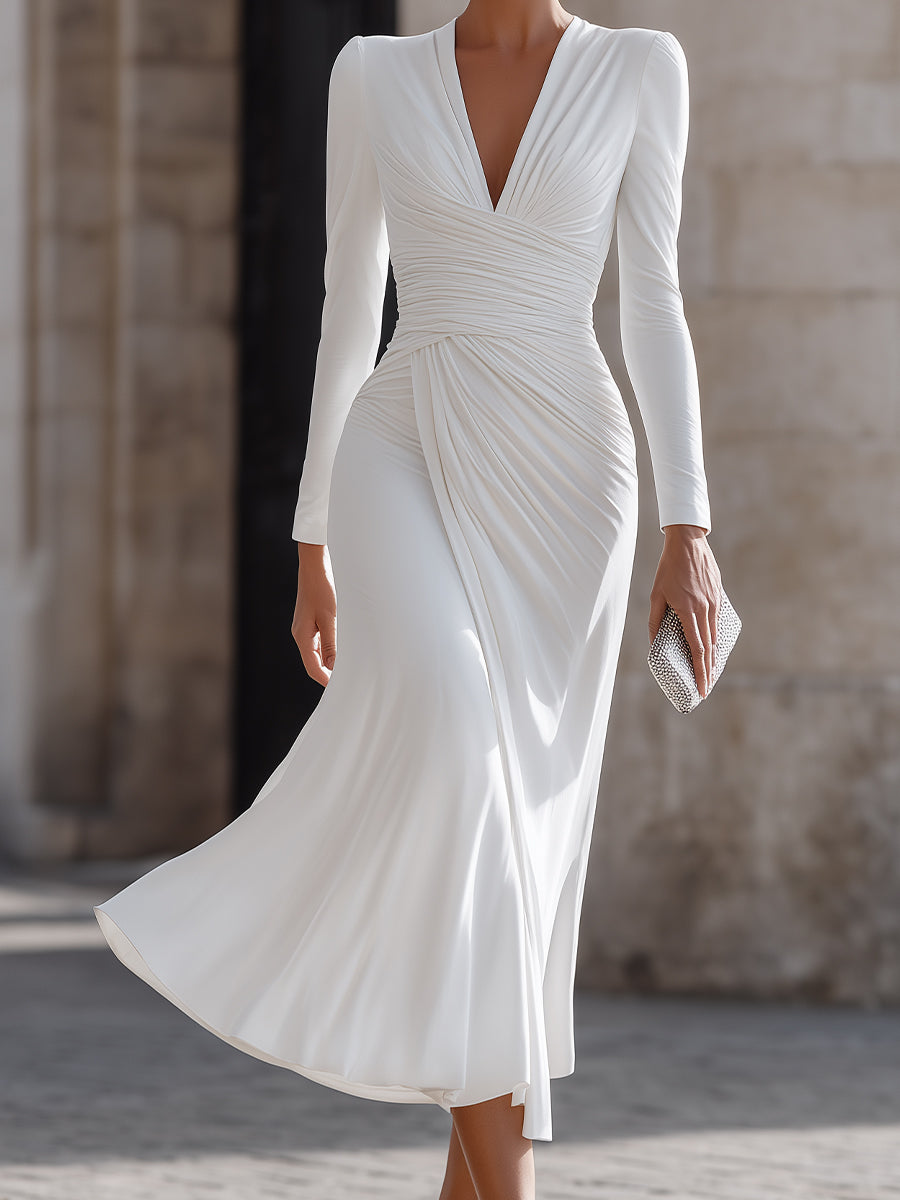 White Ruched V-Neck Long Sleeve Midi Dress