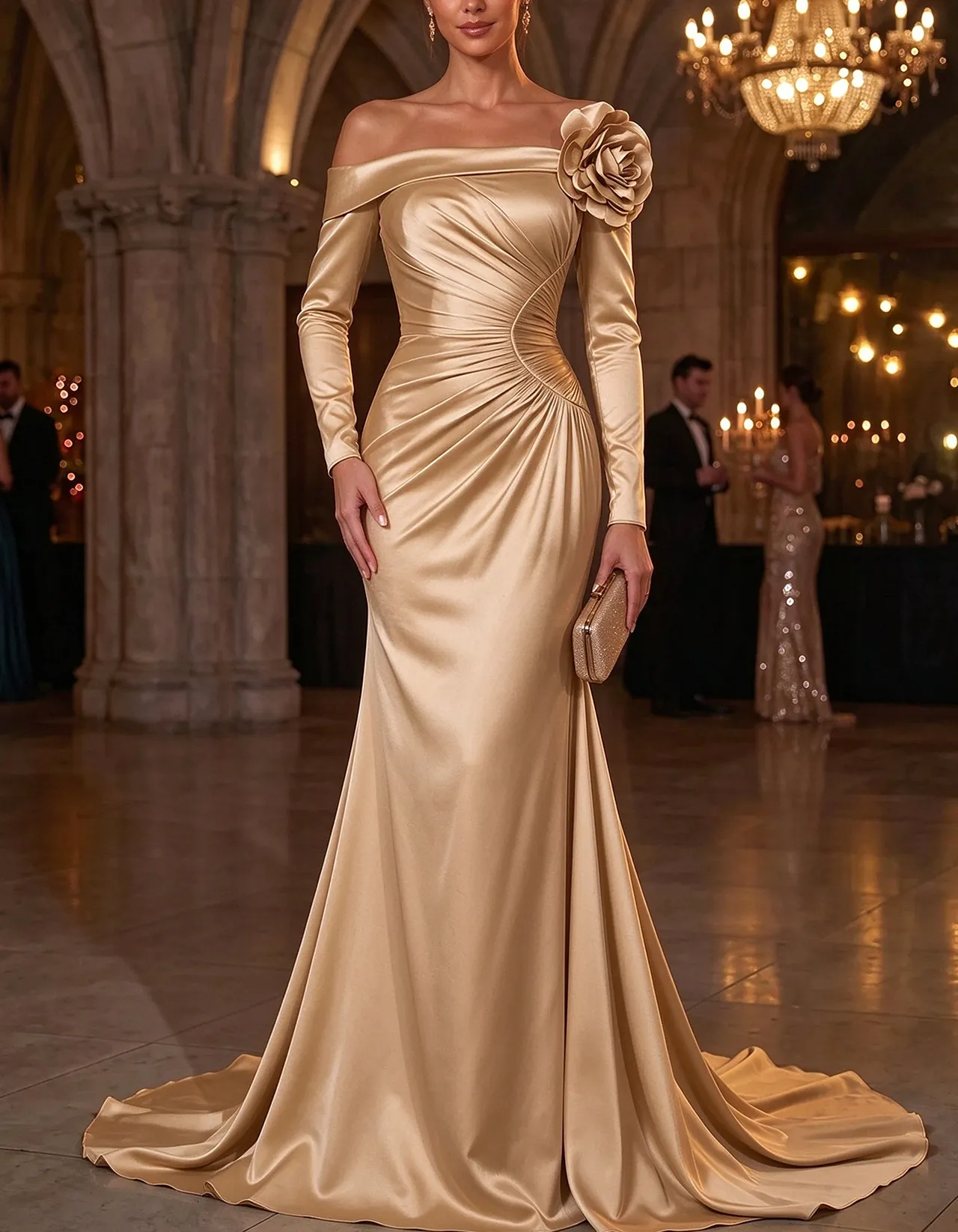 Champagne Satin Off The Shoulder Long Sleeve 3D Floral Maxi Dress