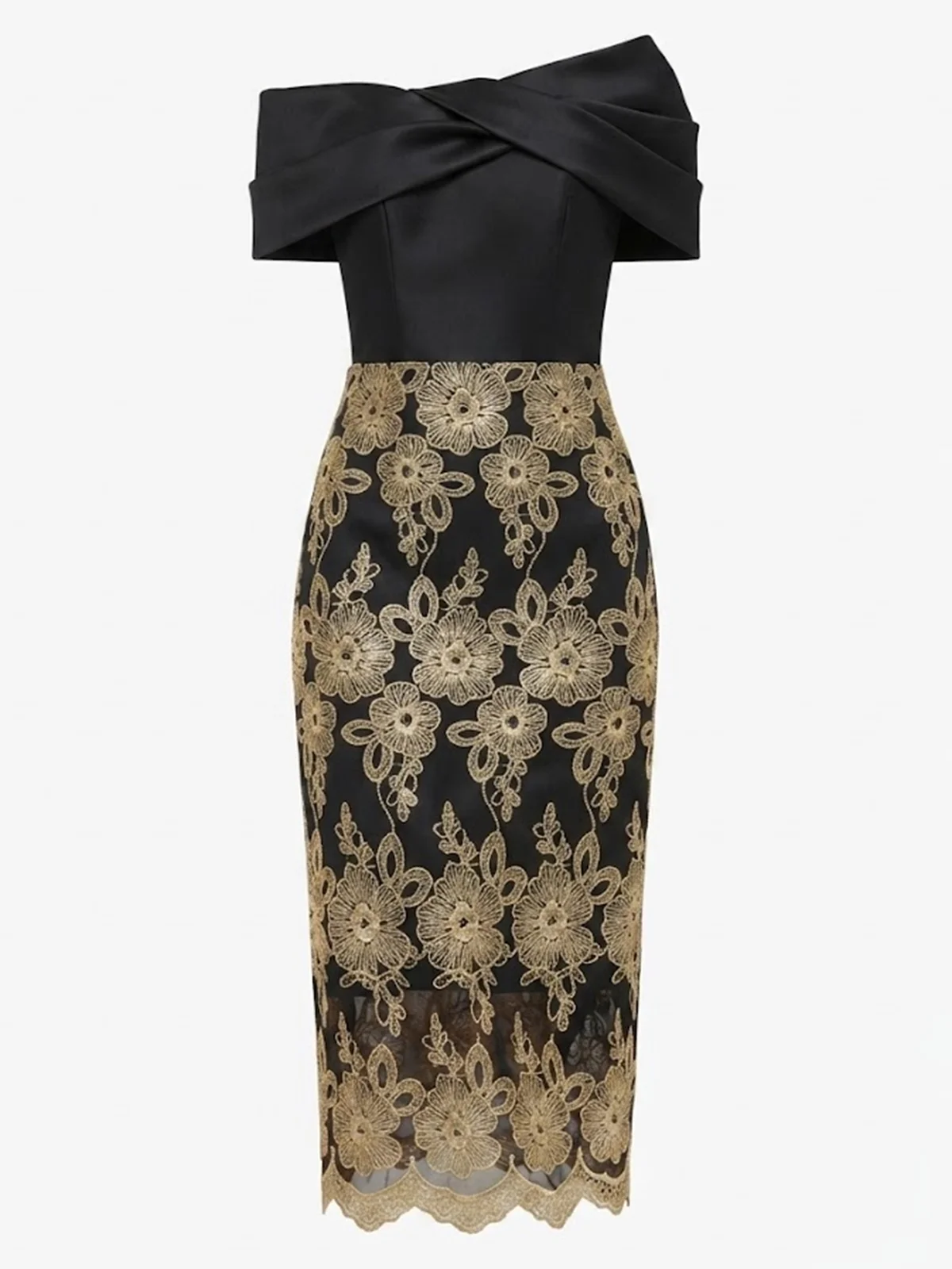 Black Bow Ruched Lace Off The Shoulder Short Sleeve Sheath Midi Dress