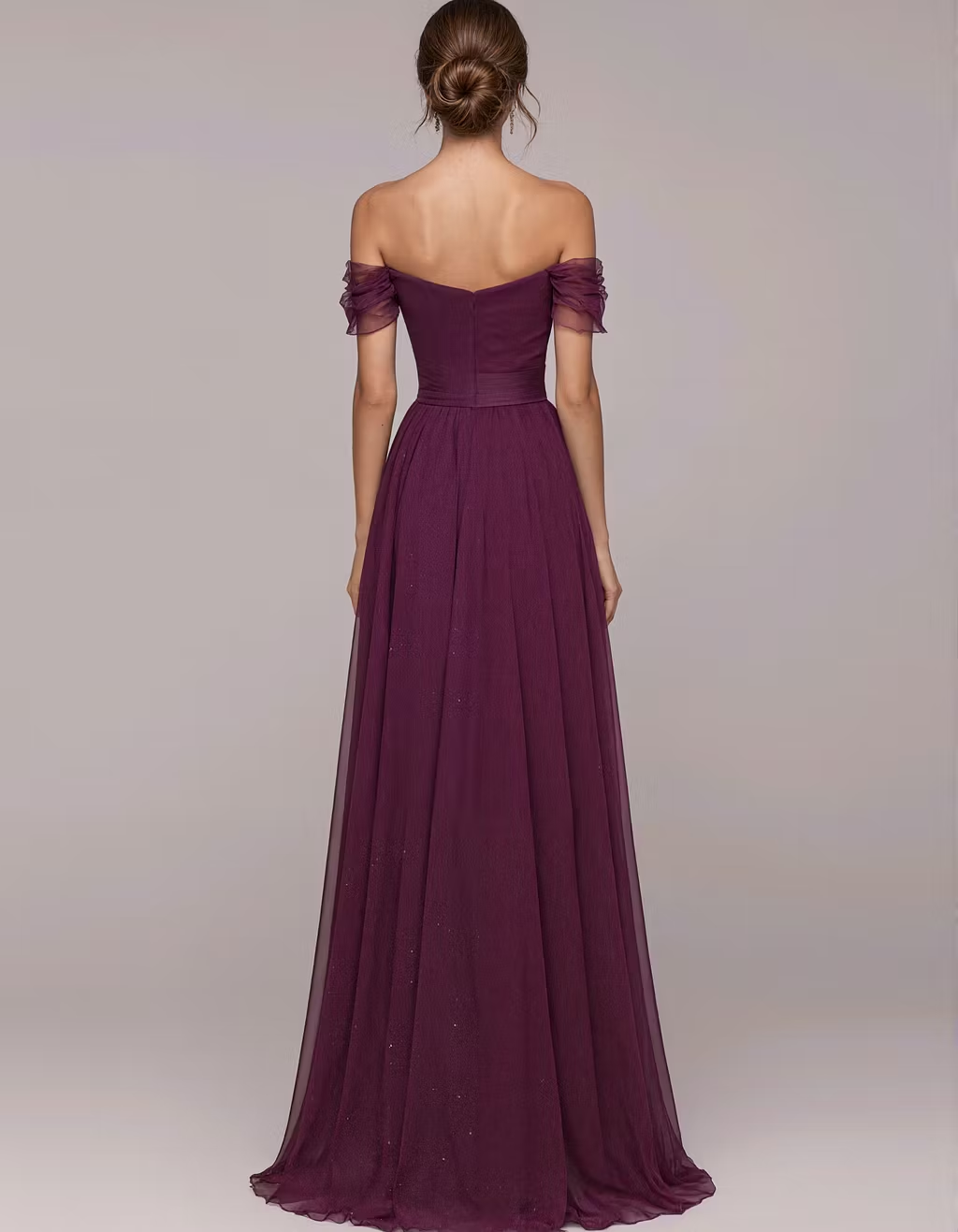 Plum Colored Off Shoulder Sweetheart Neck Chiffon Maxi Dress