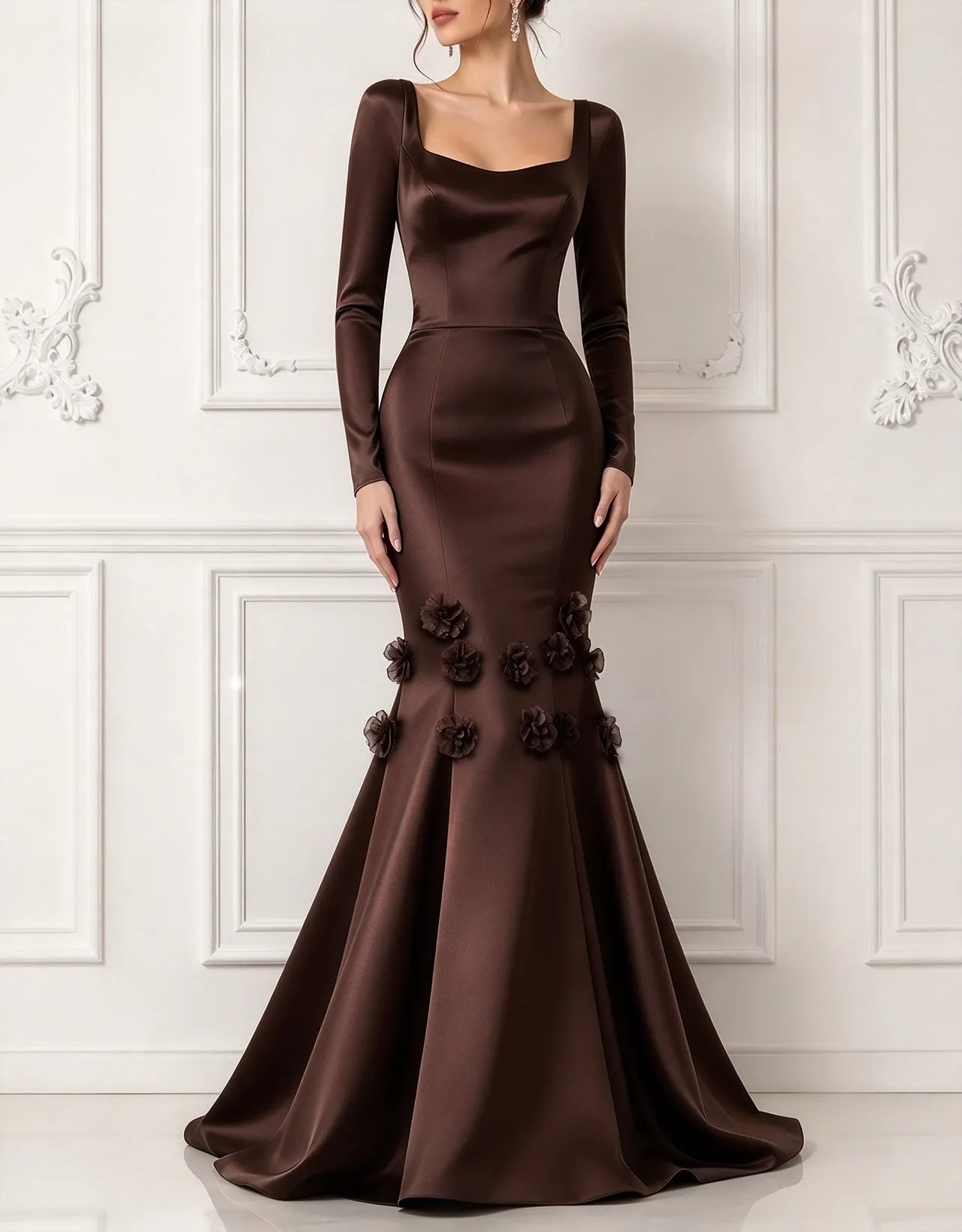 Square Neck Long Sleeve Satin 3D Flowers Mermaid Maxi Dress