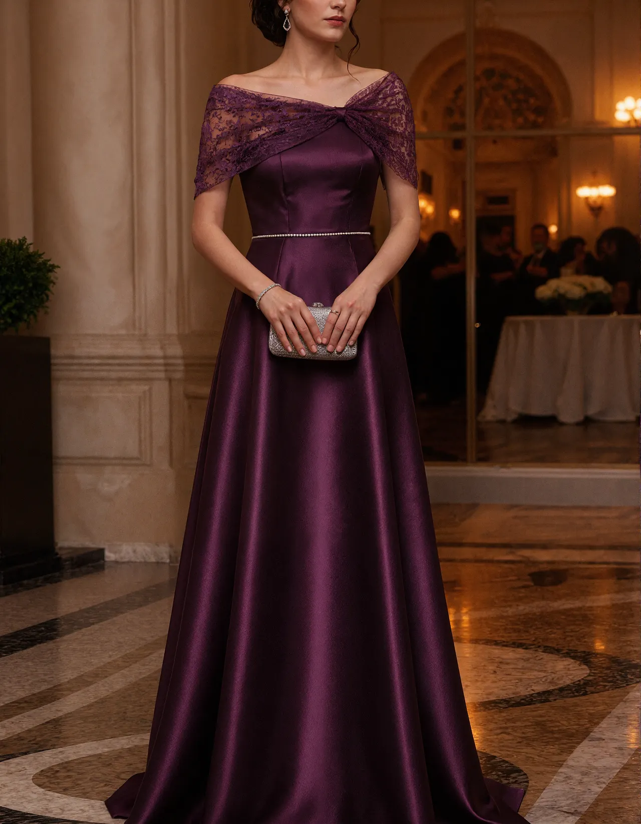 Purple Off The Shoulder Satin With Lace Paneling Maxi Dress