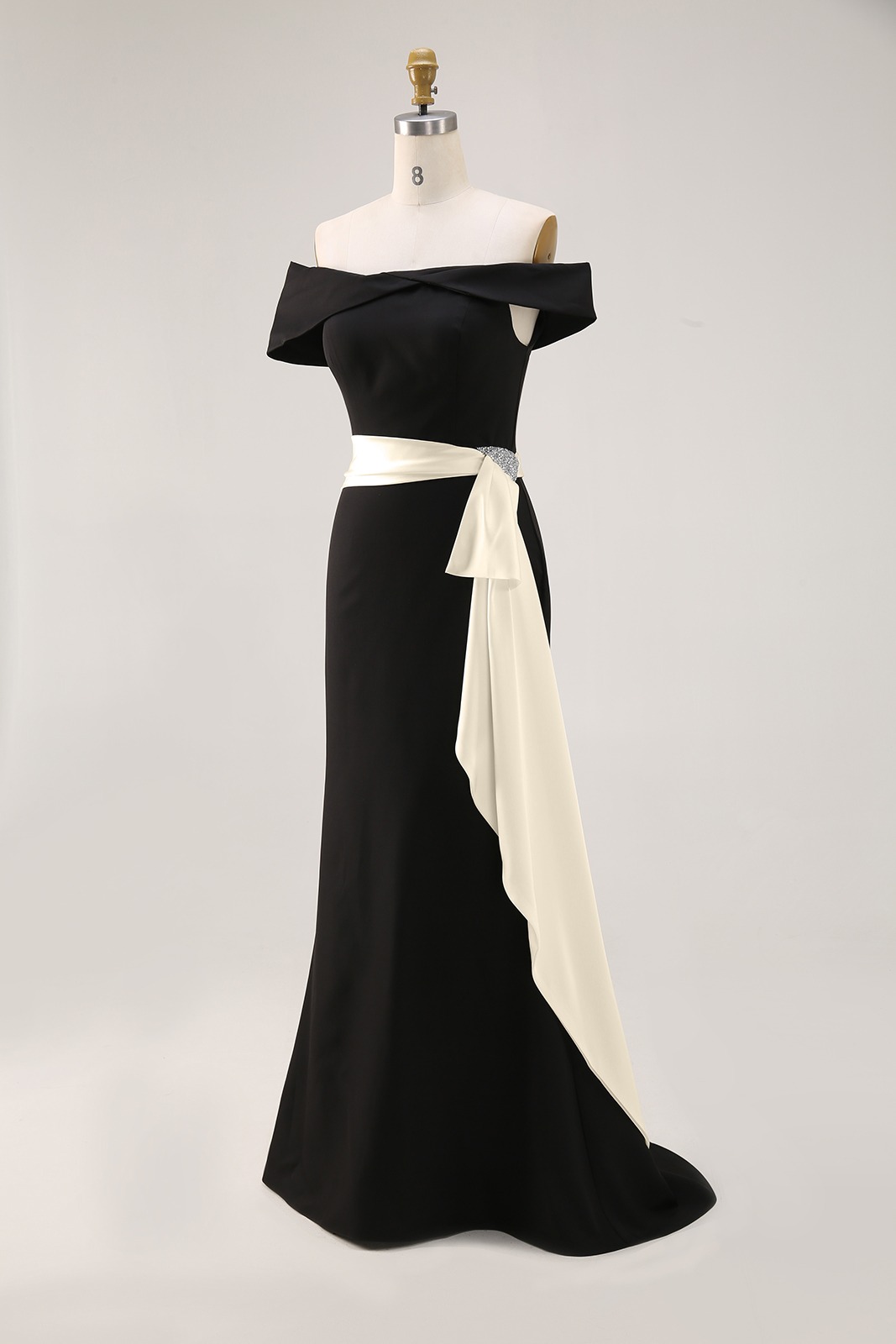 Elegant Evening Dress Black Off-The-Shoulder White Waistband Maxi Dress