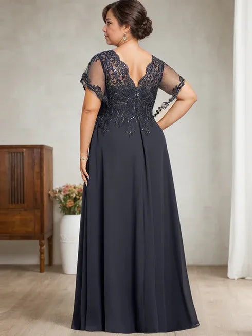 A-line V-Neck Floor-Length Lace Chiffon Mother of the Bride Dress With Sequins