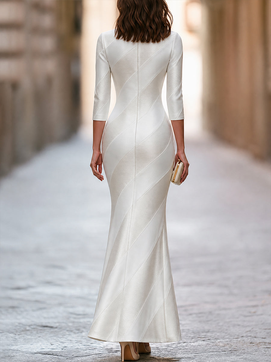 Elegant White Textured Long Sleeve Maxi Dress