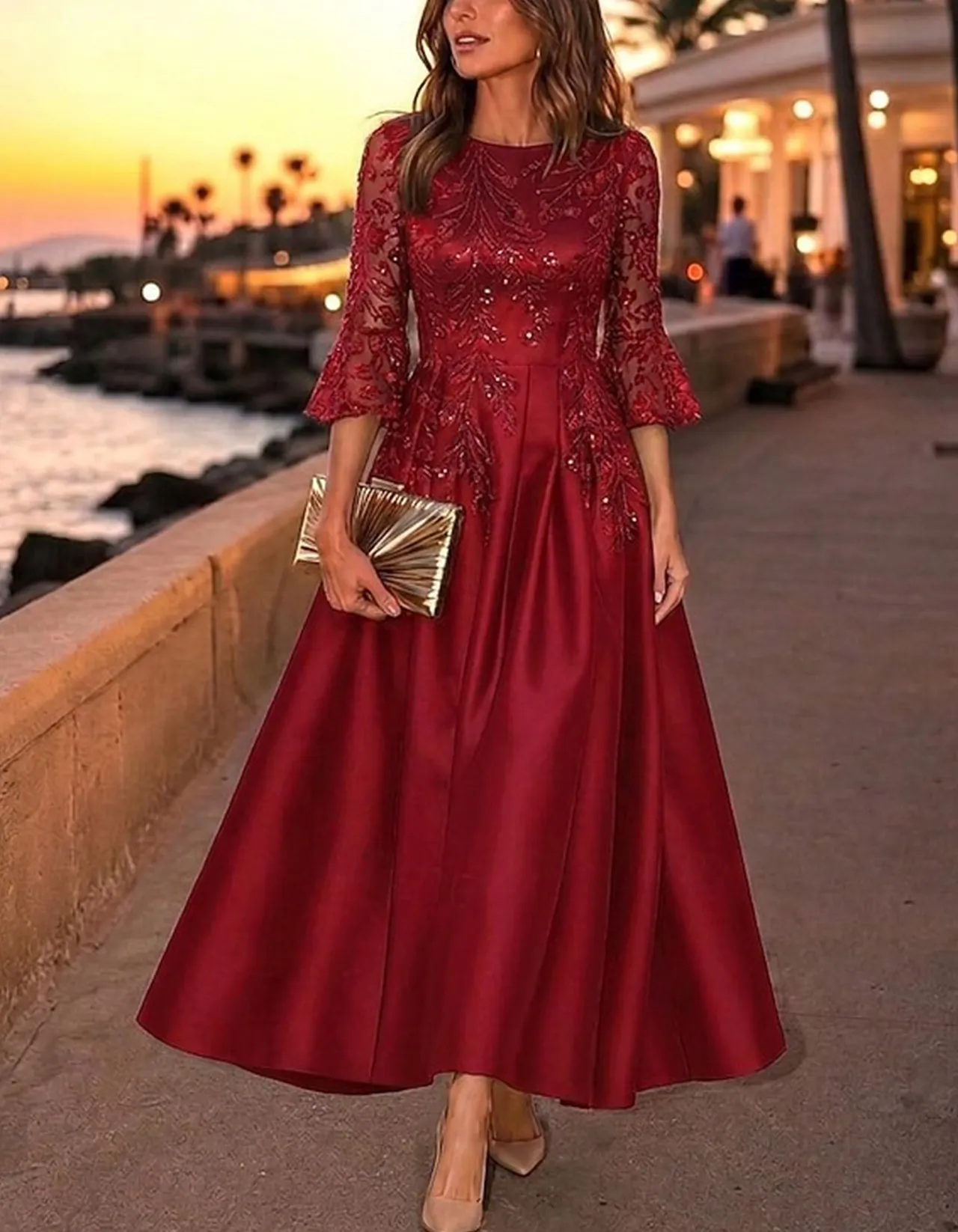 Round Neck Bell 3/4 Sleeve Satin A-Line Midi Dress